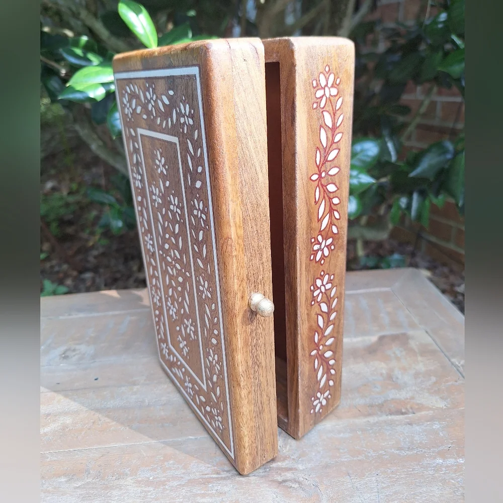 Wooden Box with Hinged Lid Jewelry  Trinket Box Rectangle Table Top Gold Handle